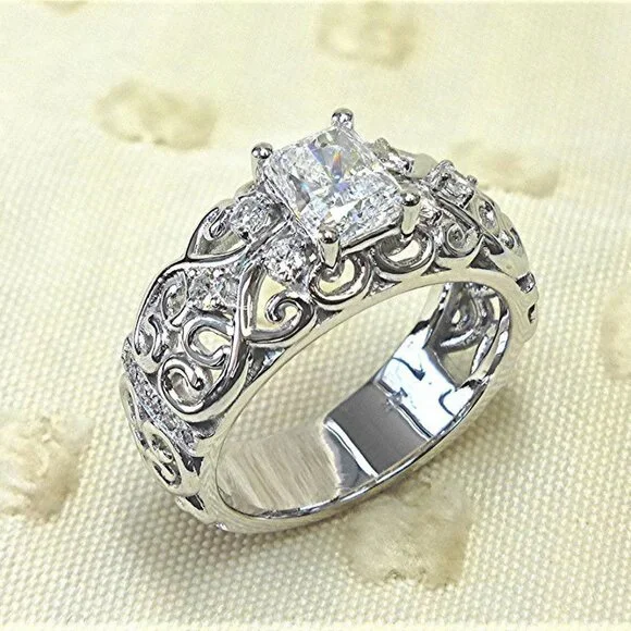 ▶NEW DIAMOND DAINTY RADIANT CUT CARVED 925 STERLING SILVER ETERNITY RING, K997
